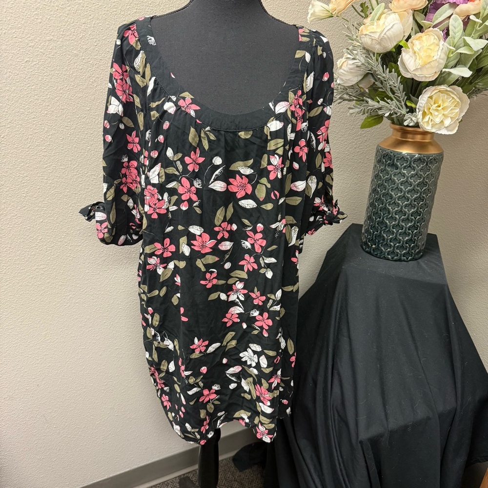 Ellos Black Floral Scoop Neck Shift Dress Plus Size 24 Casual Chic - Picture 2 of 9